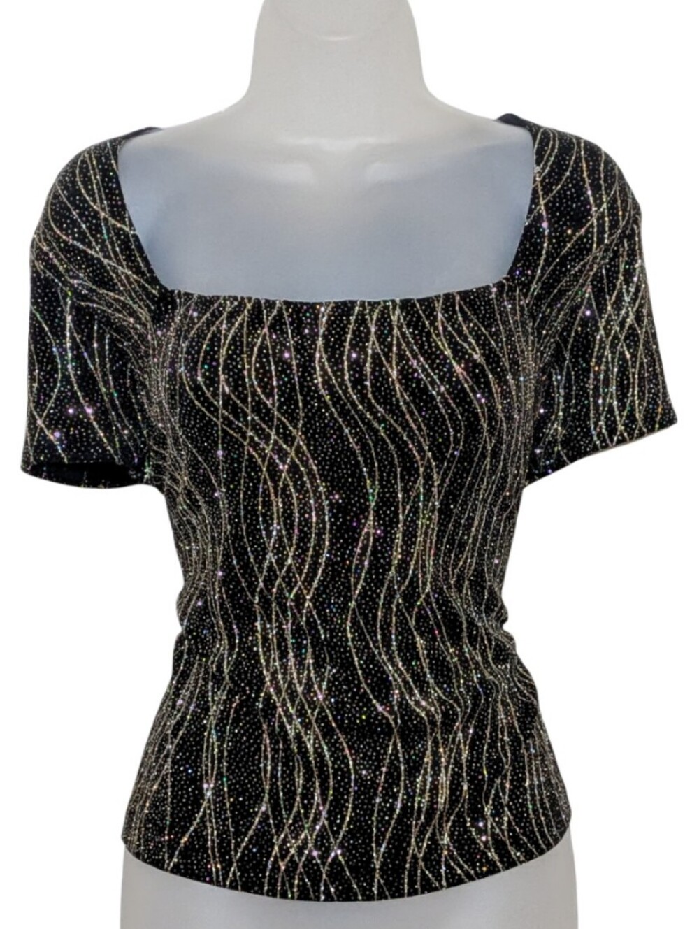 Vintage| Dressbarn | Black Sparkle Gold Top | Square Neckline | Y2K | Chic |